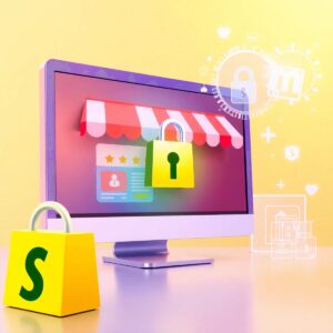 A computer screen shows a Shopify store, accompanied by a digital lock symbol and abstract data protection elements, all in a bright, inviting colo...