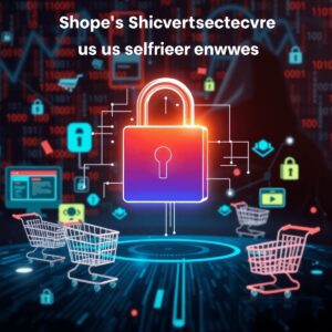 A digital lock representing cybersecurity surrounded by shopping carts and online storefronts, with abstract cyber threat elements like binary code...