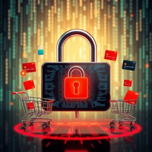 A digital lock surrounded by abstract e-commerce elements like shopping carts and credit cards, set against a matrix-like tech background.