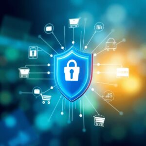 A digital shield symbolizing cybersecurity, surrounded by e-commerce icons like shopping carts and credit cards, set against a blue and green backg...