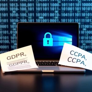 A laptop displaying a privacy lock symbol, surrounded by GDPR and CCPA documents, set against a blurred binary code background.