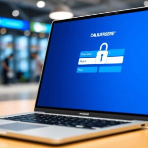 A laptop screen displays a secure payment gateway interface with a prominent lock symbol, set against a blurred e-commerce background.