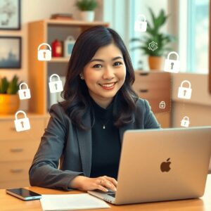 A small business owner sitting at her desk with a laptop, surrounded by cybersecurity symbols like locks and shields in a cozy home office setting.