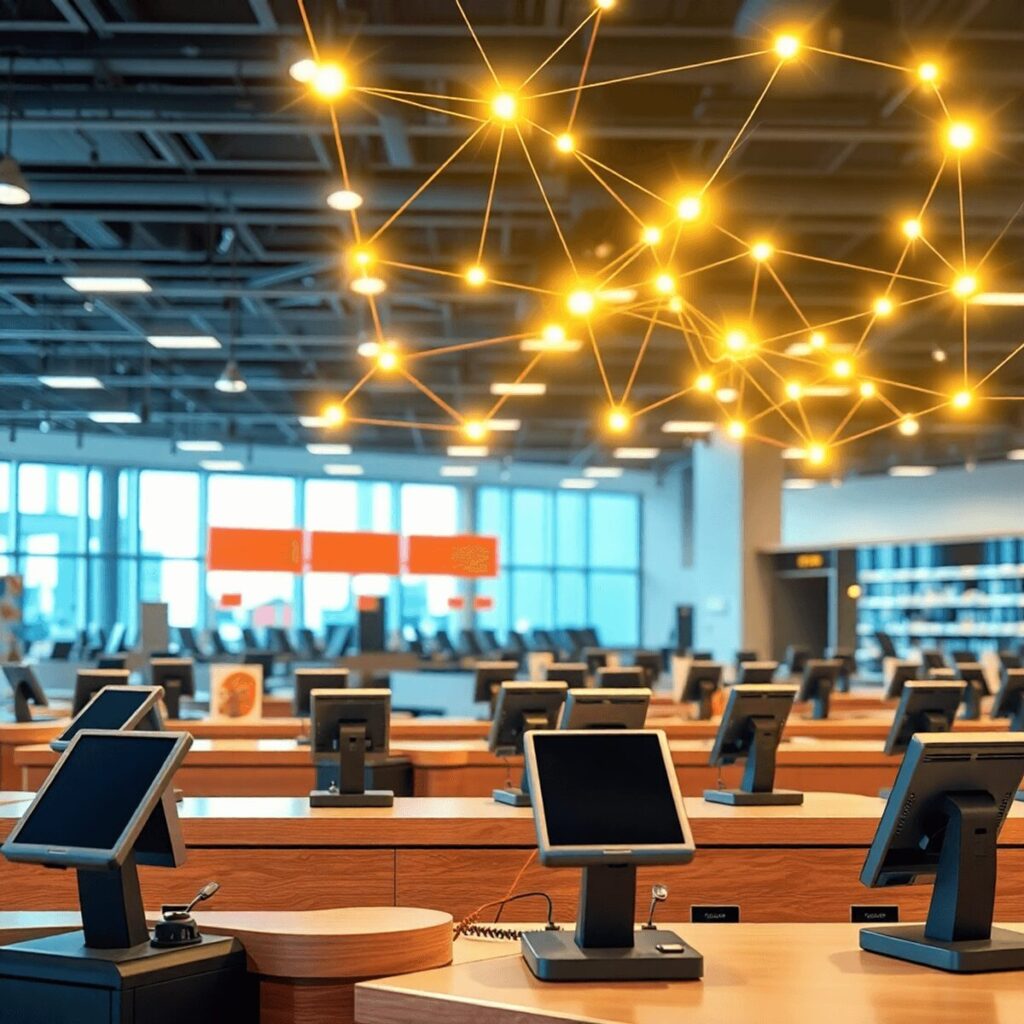 Modern retail store interior with multiple checkout counters and glowing network of interconnected nodes above, symbolizing real-time data synchronization.