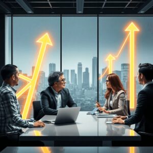 Professionals discussing around a table with glowing arrows and graphs, city skyline in background, symbolizing growth and SEO success in a modern office.