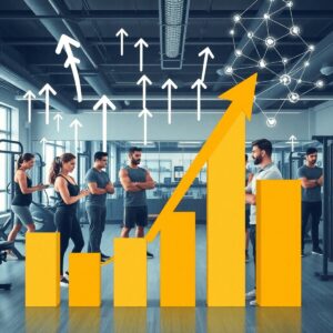 Personal trainers engaging clients in a modern fitness studio with digital symbols of growth and connectivity, symbolizing online success and SEO strategies.