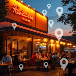 Restaurant exterior at dusk with warm lights, outdoor seating filled with diners, and subtle digital icons blended into the background.