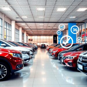 A lively car dealership filled with various cars, featuring digital marketing elements like search engine icons and keywords, creating a bright and...