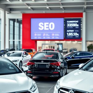 A modern automotive dealership with a colorful exterior, featuring various cars in front and a digital screen displaying SEO statistics, highlighti...