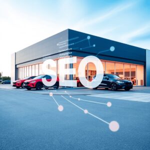 A modern car dealership with a sleek exterior, overlaid by colorful digital search results, symbolizing connectivity and visibility in the online a...