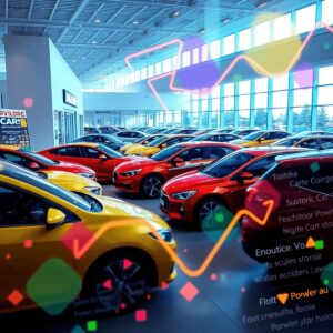 A modern car dealership with colorful cars on display, featuring a digital overlay of search engine results and keywords related to car sales.