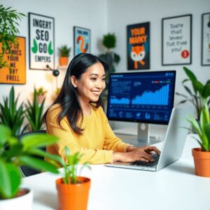 A small business owner working on a laptop in a modern office filled with plants and motivational posters, focused on graphs and analytics for SEO performance.