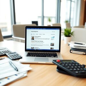 Laptop showing local accounting firms search results on desk with calculators and financial documents in a modern office.