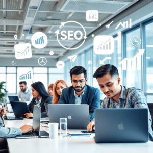 A modern office with accountants using laptops, surrounded by floating SEO icons like search bars, graphs, and ranking arrows symbolizing digital marketing.