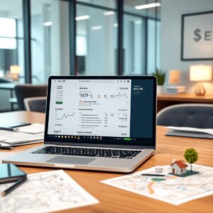 Modern accounting office with laptop showing SEO analytics, surrounded by financial documents and a local map, highlighting local and organic search visibility.