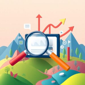 A vibrant digital landscape featuring a magnifying glass over search results, growth arrows, and SEO tool icons, symbolizing online visibility and digital marketing