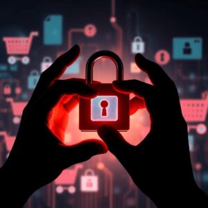 A digital lock is being manipulated by shadowy hands, with abstract online shopping elements in the background, illustrating e-commerce vulnerabili...