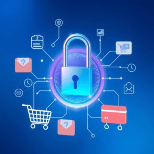 A digital lock surrounded by e-commerce icons like shopping carts and credit cards, set against a sleek blue background symbolizing cybersecurity a...