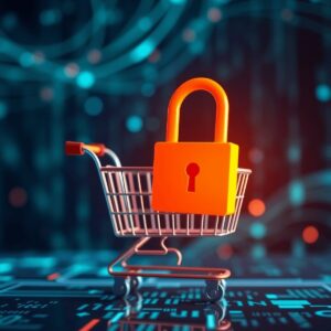 A digital lock symbol over a shopping cart, set against an abstract background of binary code and network connections, highlighting e-commerce secu...