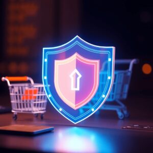 A glowing digital shield representing ecommerce security, surrounded by credit cards and a shopping cart, set against a warm, inviting background w...