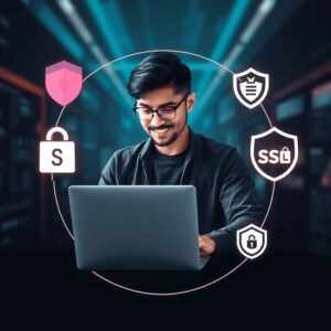 A small business owner confidently manages their Shopify store on a laptop, surrounded by cybersecurity symbols like a padlock and shield, set agai...